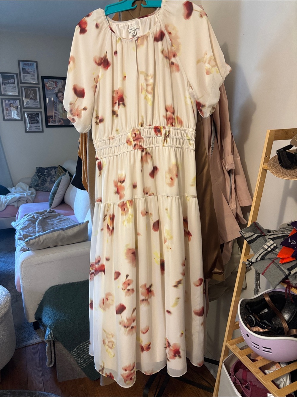 RW&CO. Cream Midi Dress with Pink and Yellow Floral Print